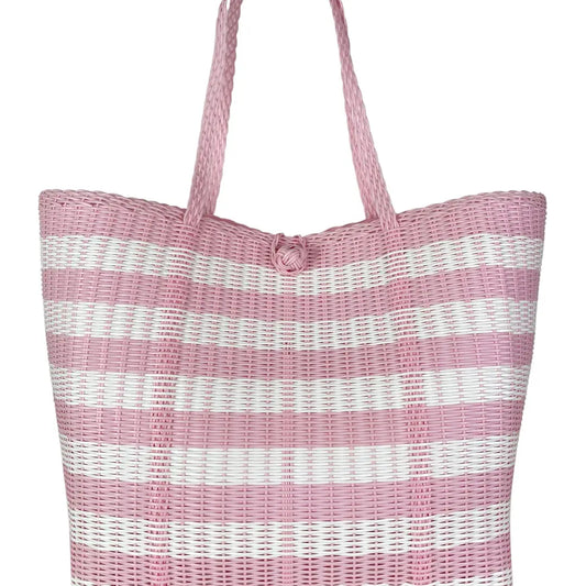 Large Pink & White Striped Woven Bag