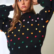 Rainbow Pompom Mock Neck Long Sleeve Sweater