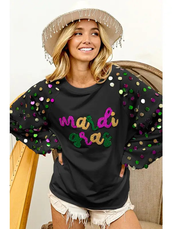 Mardi Gras Lettering Spangled Sleeve Pullover