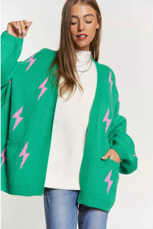Green  oversized cardigan with pink lightning bolts