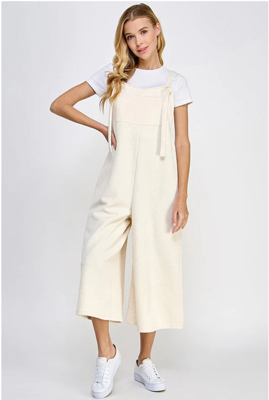 Textured Cropped Overall Pants- Cream