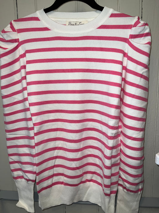 Puff Sleeved Pink and White Sweater