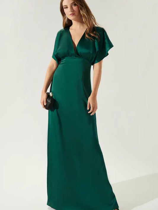 Flutter Sleeve Cut Out Satin Maxi Dress - Emerald